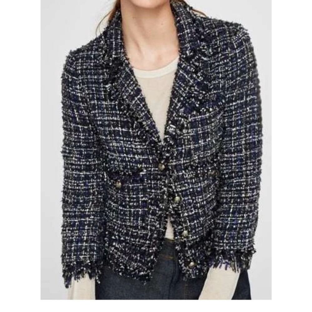 Zara Woman Frayed Tweed Blazer Sports Coat Women's Medium Blue Black